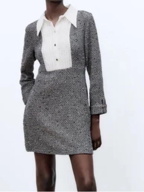Zara Dresses & Skirts - ZARA Preppy Tweed Contrast Bib Collar Dress  XL Pre‑Loved Chic dark academia